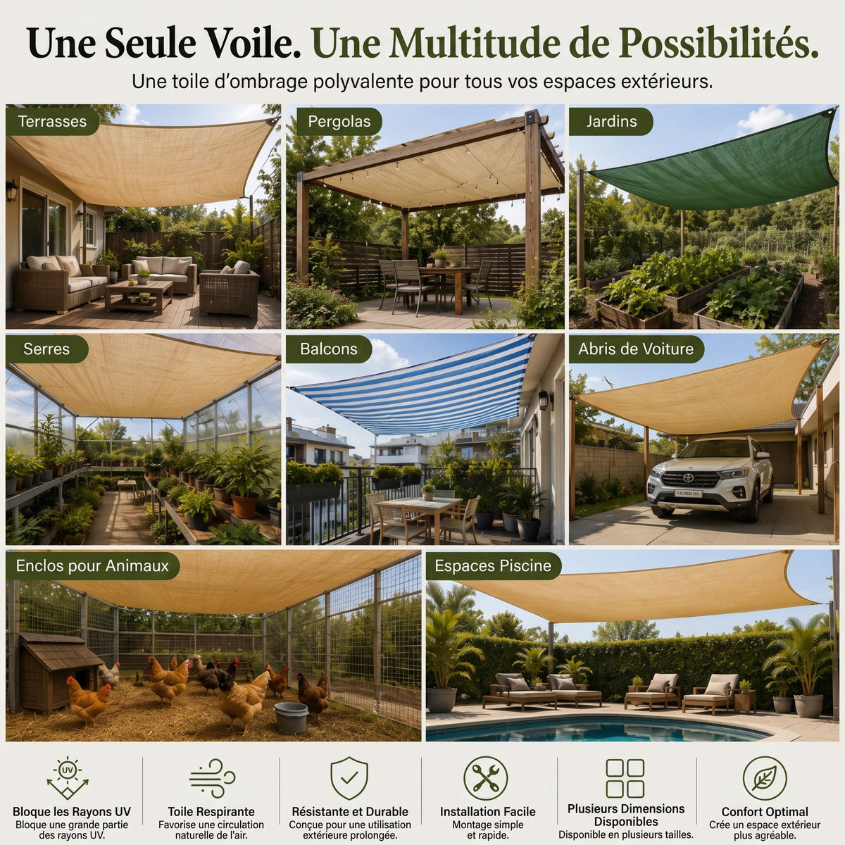 Voile d'Ombrage Rectangulaire en Maille pour Terrasse et Jardin