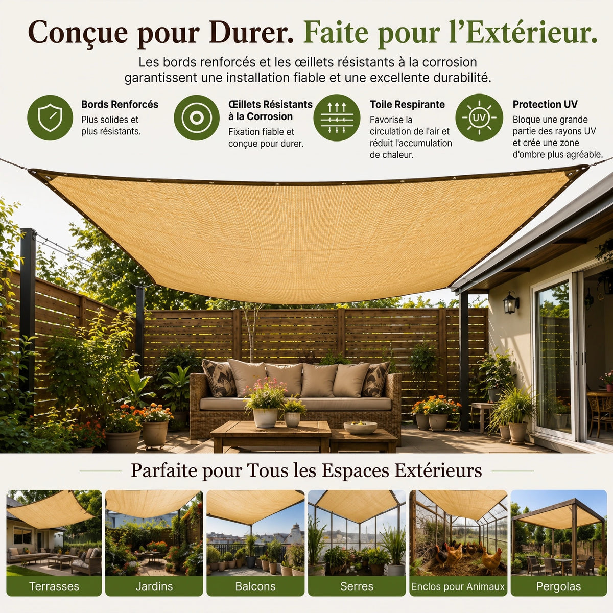 Voile d'Ombrage Rectangulaire en Maille pour Terrasse et Jardin